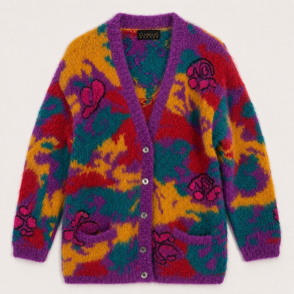 Vtg 80s Mohair Cardigan Abstract Floral Maximalist Cottagecore Dopamine Cozy L